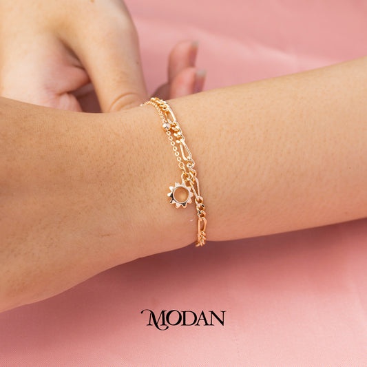 (22cm) Titanium Golden Double Layer Sun Anklet Bracelet Gelang Kaki Hypoallergenic Stainless Steel