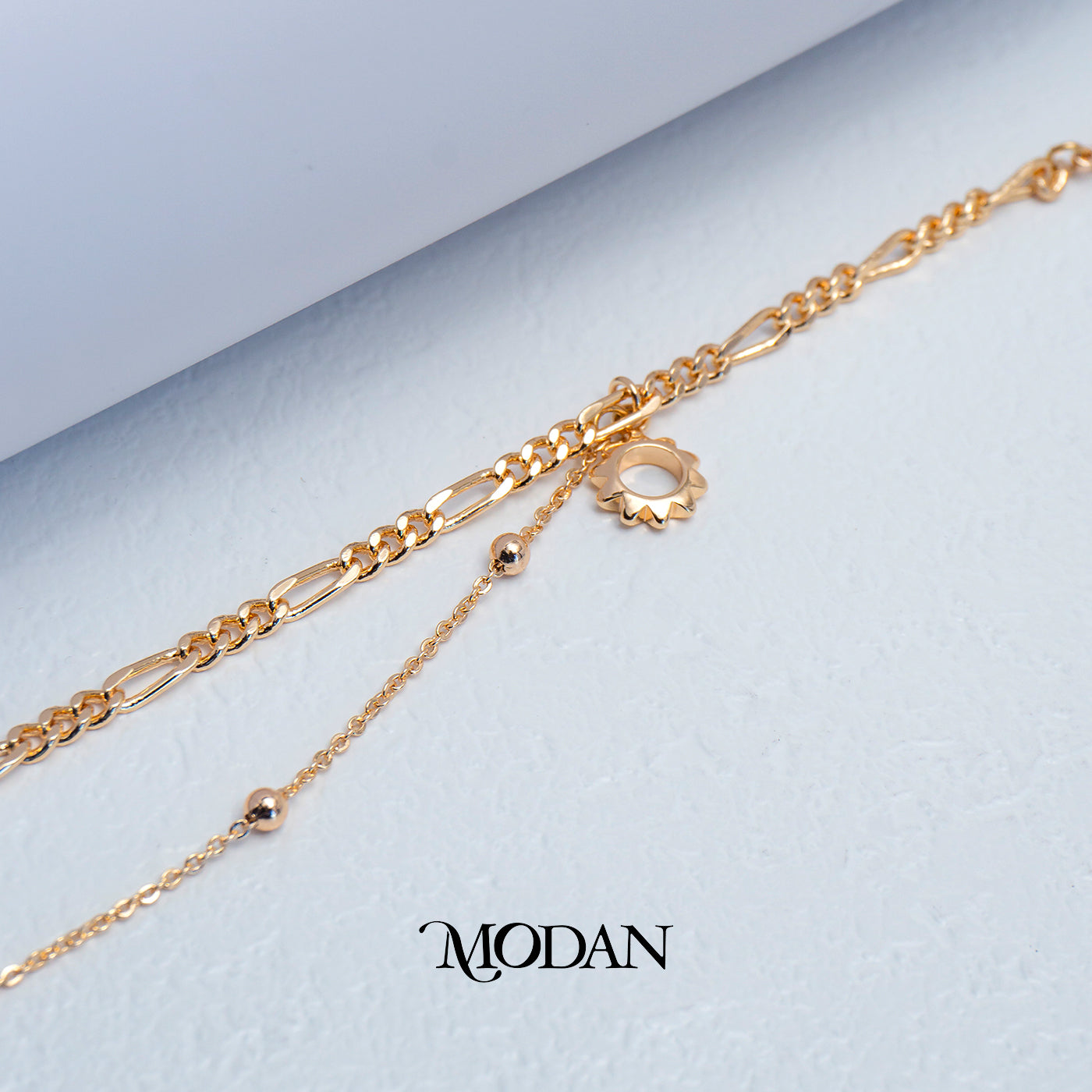 (22cm) Titanium Golden Double Layer Sun Anklet Bracelet Gelang Kaki Hypoallergenic Stainless Steel