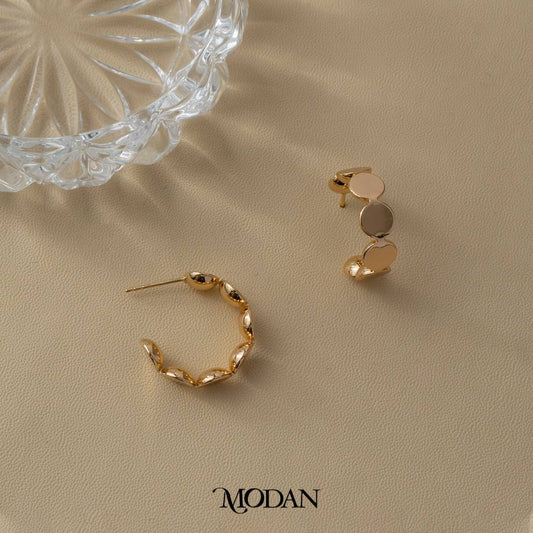 (23mm) Round Beaded Statement Rose Gold C-Hoop Earrings Anting Bentuk C Hypoallergenic Gold Plated
