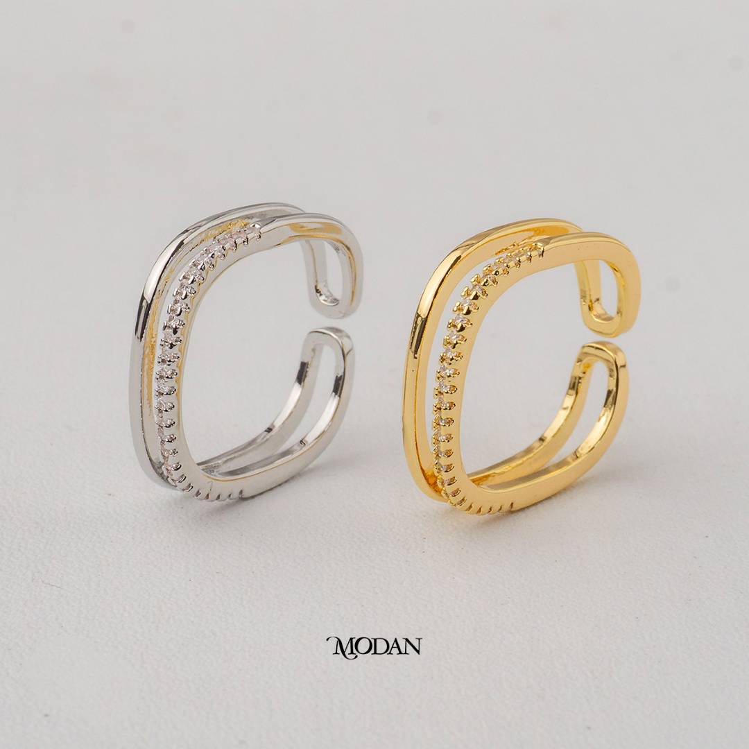 Minimalist Pure & Pave Layer Adjustable Ring Cincin Polos & Batuan Lapisan Hypoallergenic Gold Plated