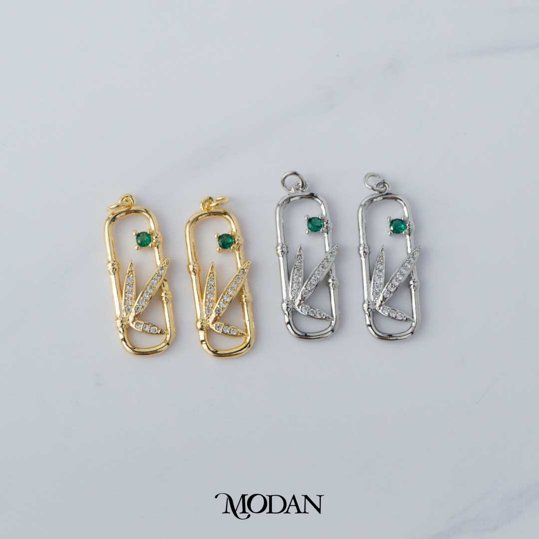 Green Zirconia Bamboo Leaf Open Charm DIY Charm Liontin Daun Bambu Hypoallergenic Gold Filled