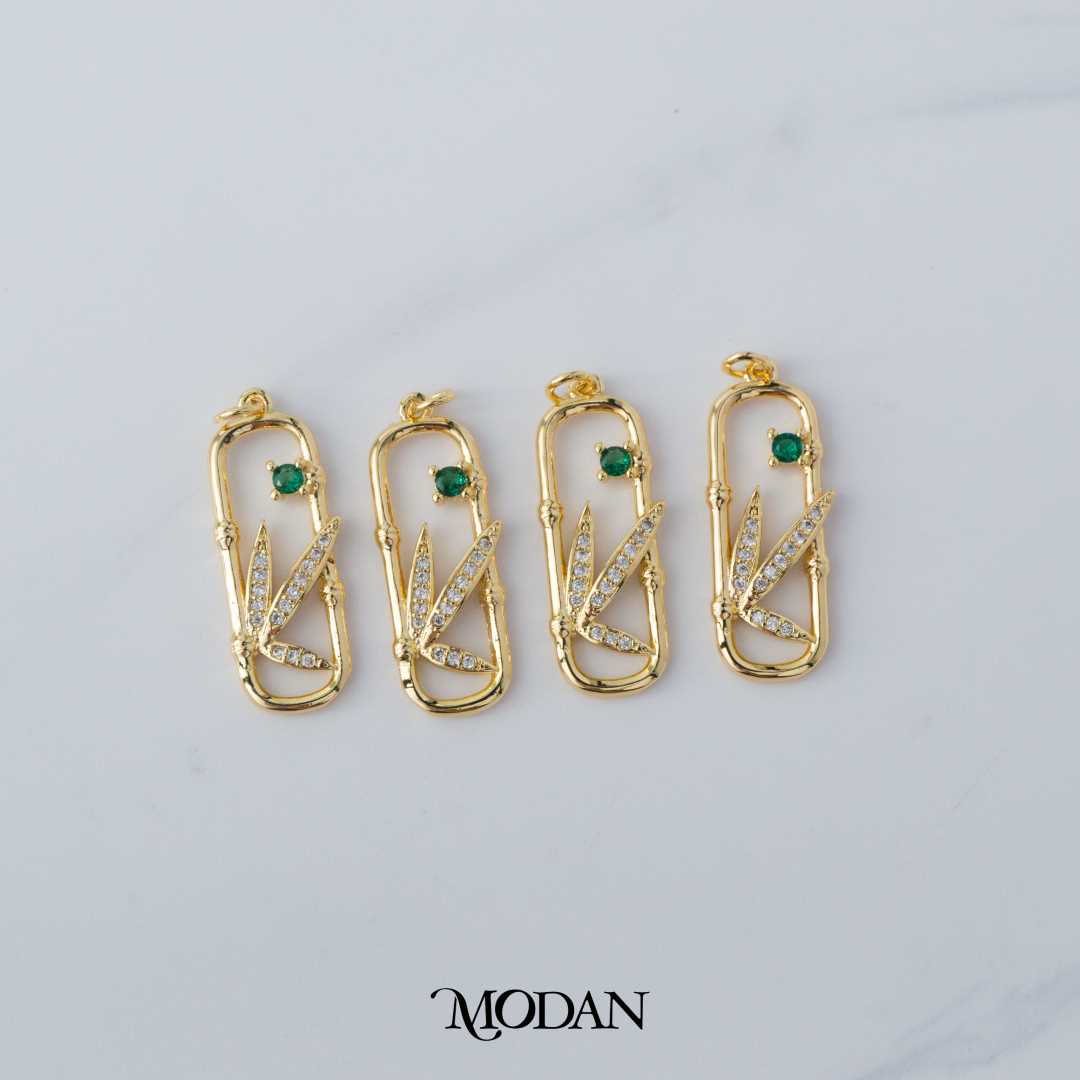 Green Zirconia Bamboo Leaf Open Charm DIY Charm Liontin Daun Bambu Hypoallergenic Gold Filled