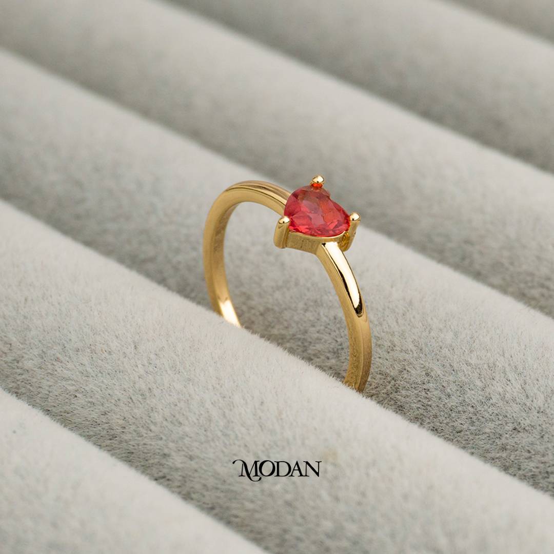 Minimalist Ruby Red Solitaire Ring Cincin Solitaire Hati Merah Minimalis Hypoallergenic Gold Plated