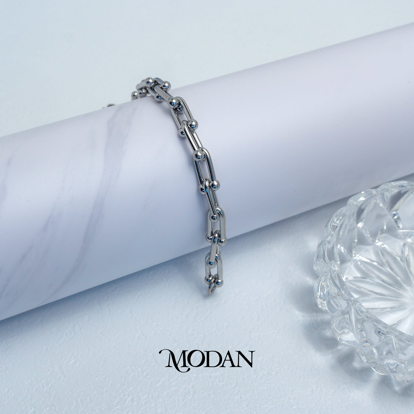 (20cm) Titanium Silver Statement U Link Chain Bracelet Gelang Rantai Hypoallergenic Stainless Steel
