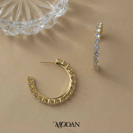 (36mm) Sparkling Round Beaded Statement C-Hoop Earrings Anting Bulat Hypoallergenic Gold Filled