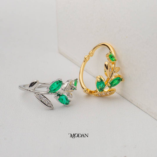 Marquise Green Olive Leaf Adjustable Ring Cincin Daun Zaitun Hijau Hypoallergenic Gold Plated