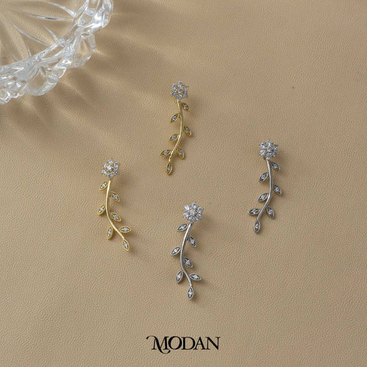 (30mm) Sparkling Vine Flower Leaf Climber Earrings Anting Bunga Daun Merambat Hypoallergenic Gold Plated