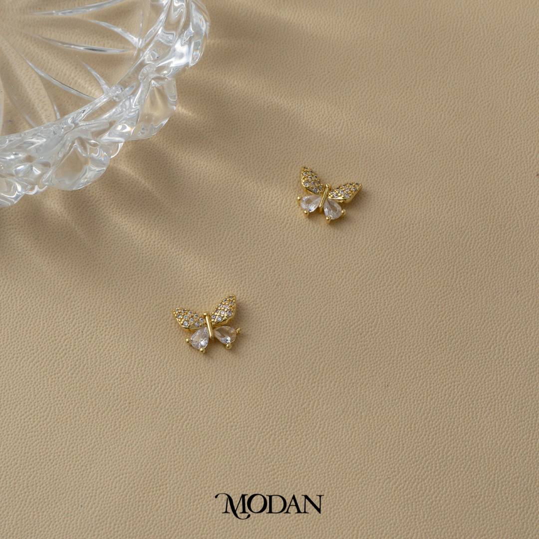 (13mm) Sparkling Butterfly Animal Stud Earrings Anting Tusuk Kupu - Kupu Hypoallergenic Gold Plated