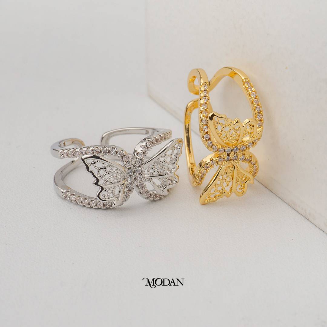 Filigree Butterfly Bypass Adjustable Ring Cincin Kupu-Kupu Statement Hypoallergenic Gold Plated