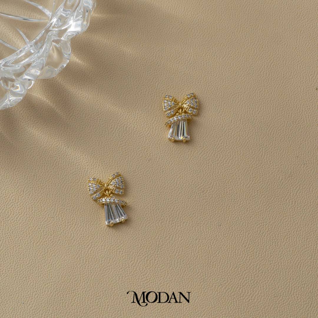 Coquette Bow Baguette Stud Earrings Anting Tusuk Pita Hypoallergenic Gold Plated