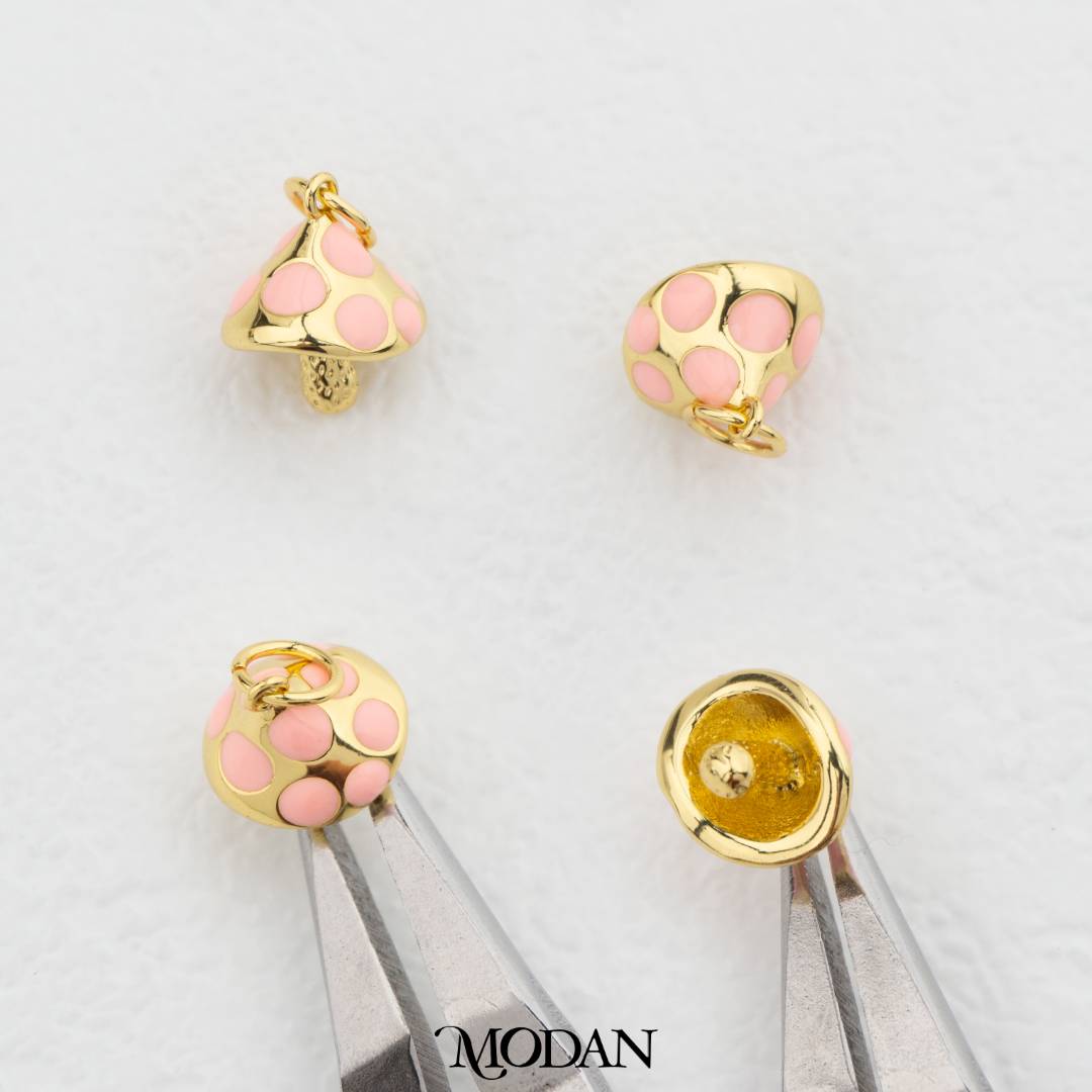 Gold Mushroom With Pink Dot Enamel DIY Pendant Liontin Jamur Hypoallergenic Gold Filled
