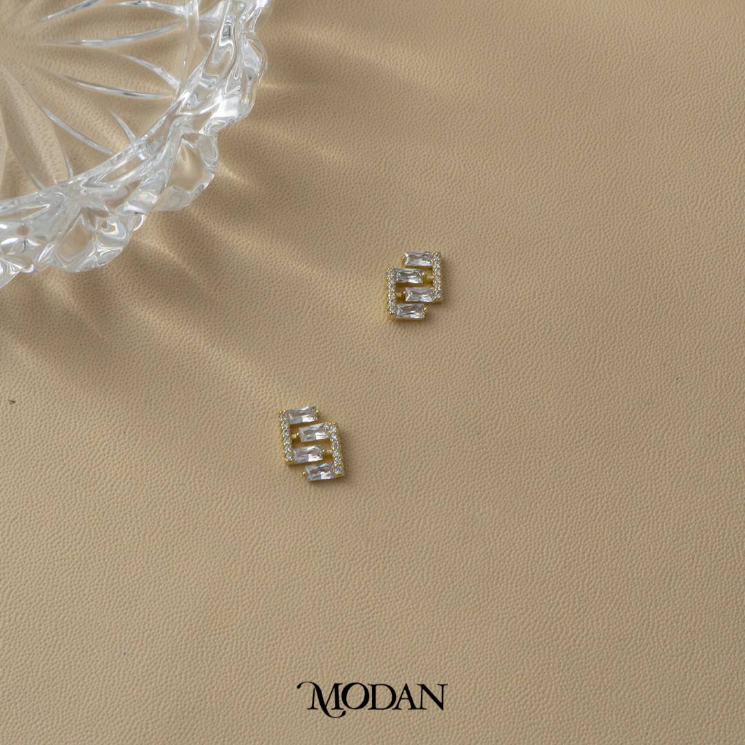 Sparkling Baguette Labyrinth Stud Earrings Anting Tusuk Labirin Hypoallergenic Gold Plated