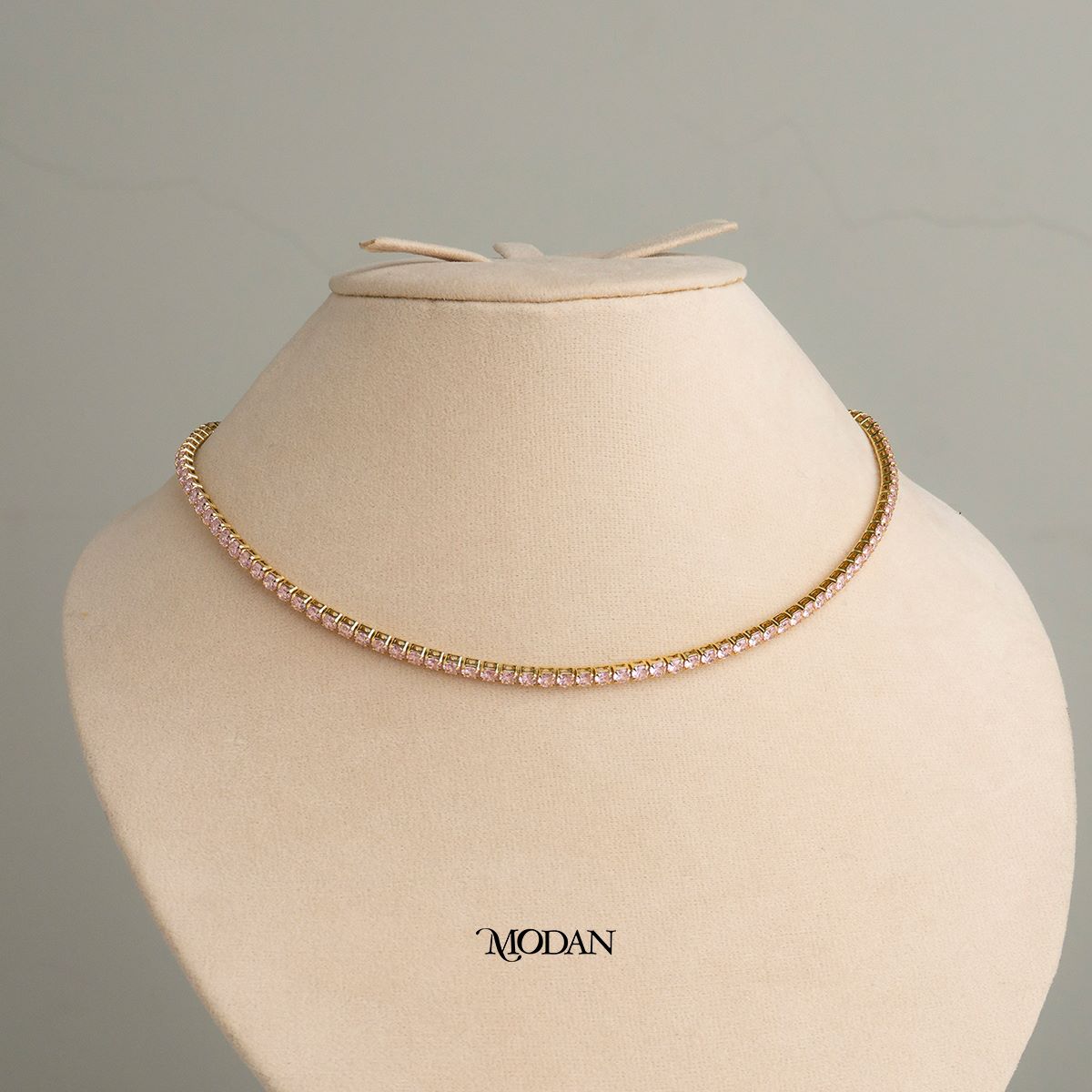 (43cm) Red Tosca Pink Peach Princess Cut Tennis Necklace Kalung Zirconia Hypoallergenic Gold Plated