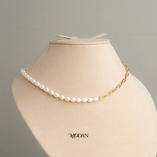 42.5cm White Freshwater Beaded Paperclip Necklace Kalung Mutiara Air Tawar Hypoallergenic Gold Plated