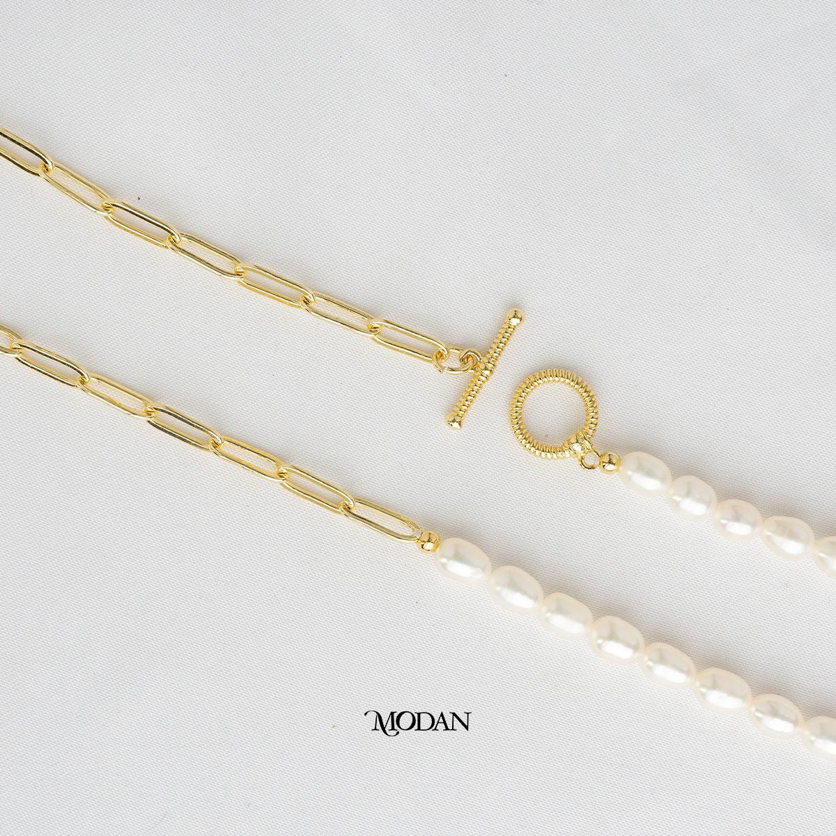 47.5cm Round Toggle White Freshwater Beaded Paperclip Necklace Kalung Mutiara Air Tawar Hypoallergenic Gold Plated