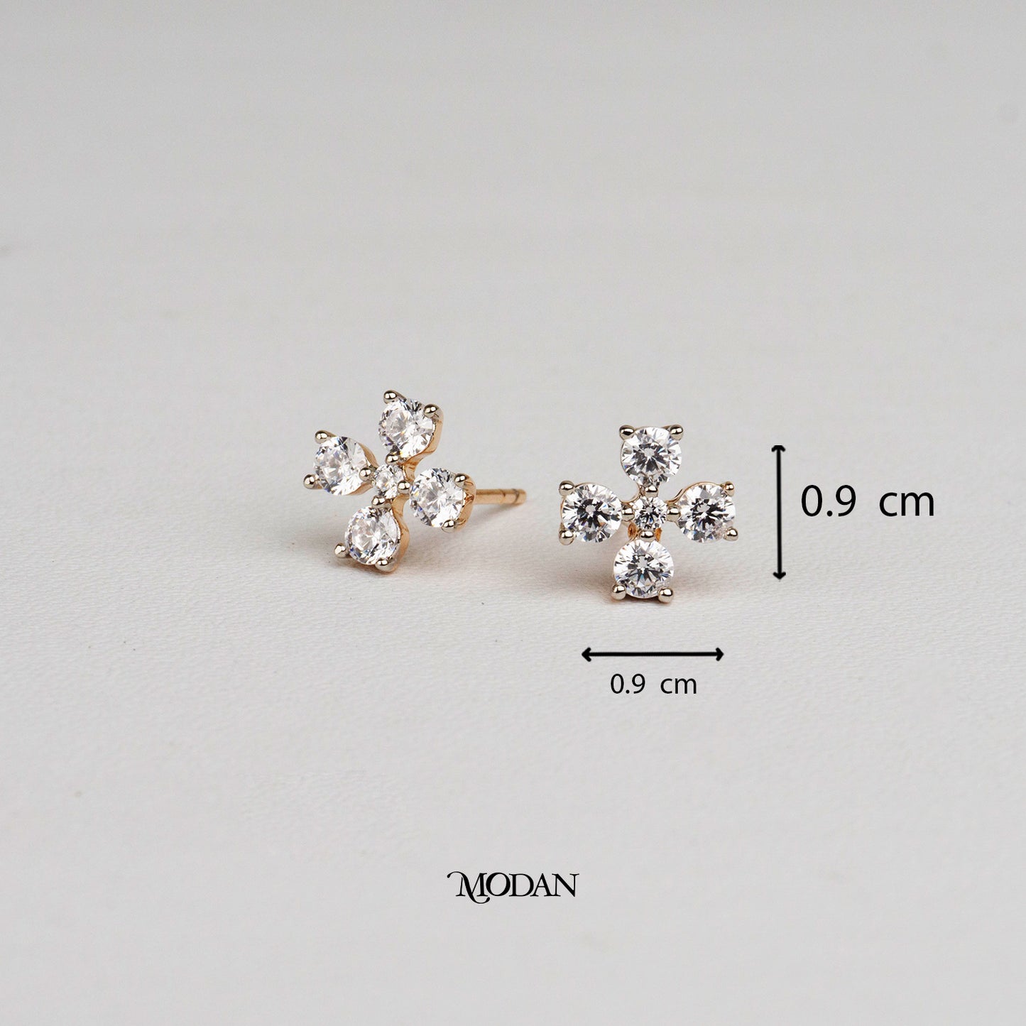 (9mm) Sparkling Mini Micro Paved Zirconia Four Petals Flower Stud Earrings Anting Tusuk Kelopak Bunga Hypoallergenic Gold Plated