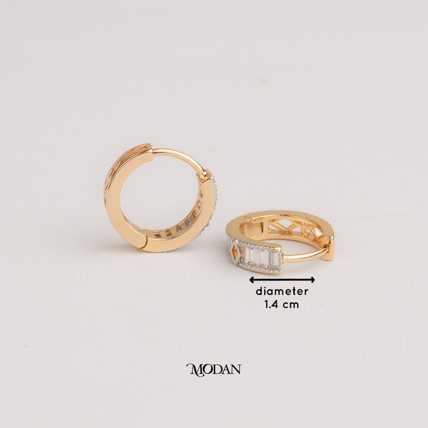 (14mm) Rosegold Baguette Bar Zirconia Mini Hoop Earrings Anting Bulat Hypoallergenic Gold Plated