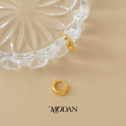 (10mm) Leaf Textured Hoop Earrings Anting Bulat Simple Hypoallergenic Gold Plated