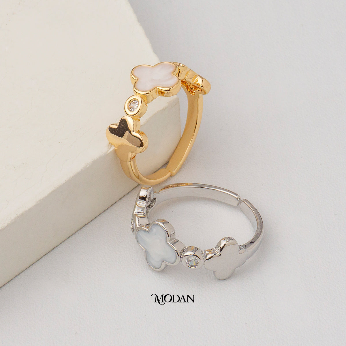 Mother Of Pearl Clover Adjustable Ring Cincin Daun Semanggi MOP Hypoallergenic Gold Plated