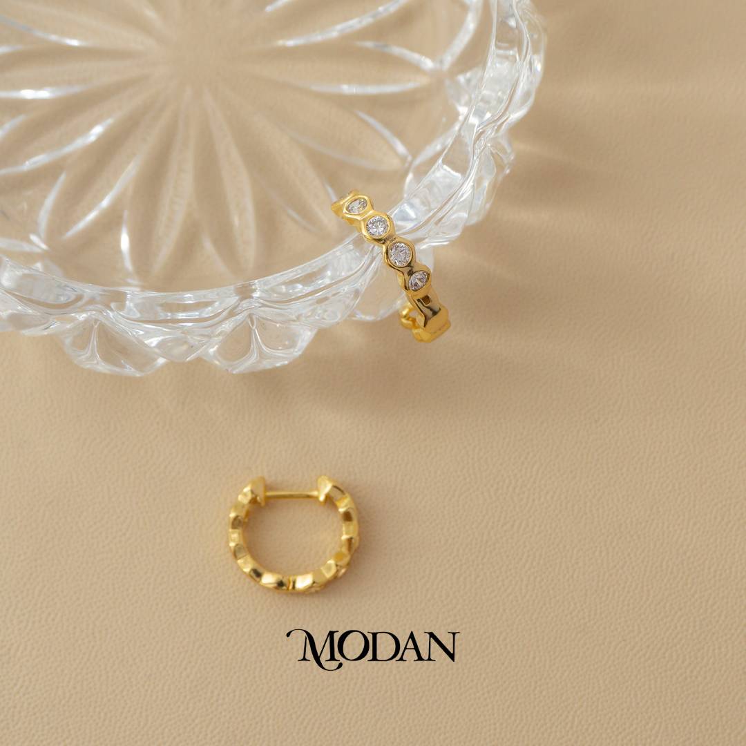 (14mm) Round Beaded Zirconia Hoop Earrings Anting Bulat Hypoallergenic Gold Plated