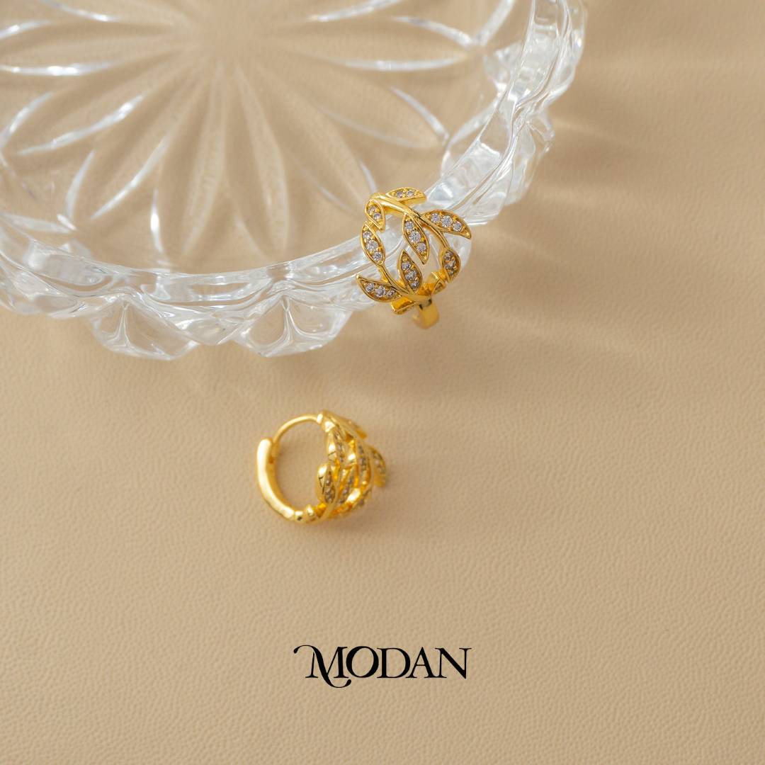 (13mm) Sparkling Leaf Swirl Hoop Earrings Anting Daun Pesta Hypoallergenic Gold Plated