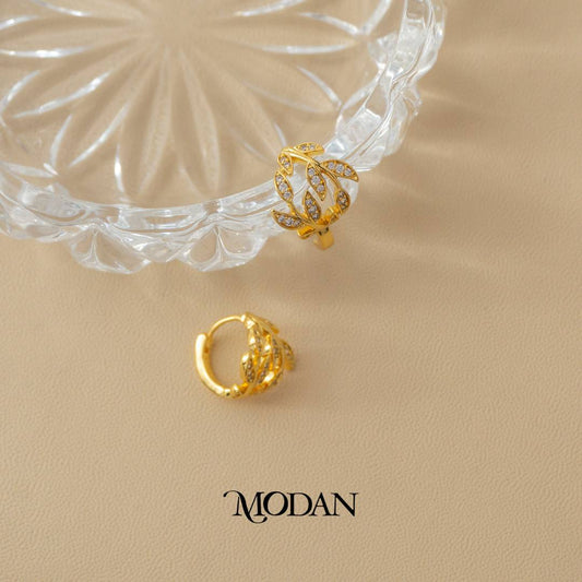 (13mm) Sparkling Leaf Swirl Hoop Earrings Anting Daun Pesta Hypoallergenic Gold Plated