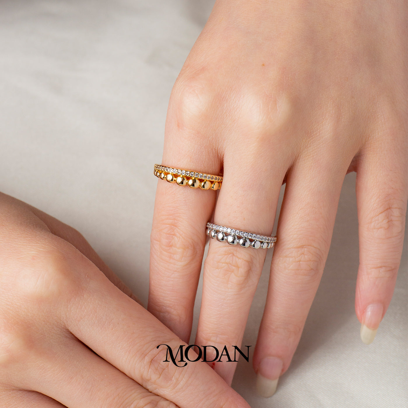 Dainty Beaded Pave Stacking Adjustable Ring Cincin Tumpuk Bola Hypoallergenic Gold Plated