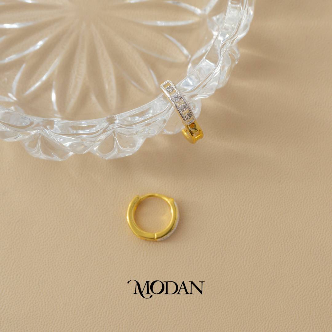 (12mm) Two Tone Baguette Zirconia Hoop Earrings Anting Bulat Hypoallergenic Gold Plated