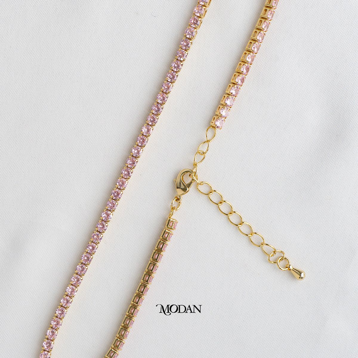 (43cm) Red Tosca Pink Peach Princess Cut Tennis Necklace Kalung Zirconia Hypoallergenic Gold Plated