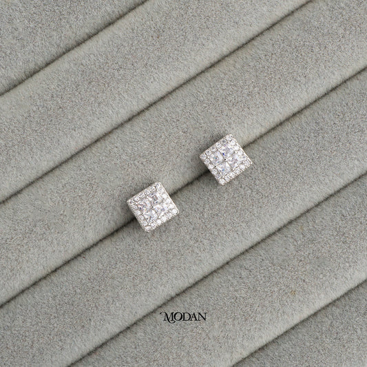 (9mm) Cluster Zirconia Square Stud Earrings Anting Tusuk Persegi Hypoallergenic Gold Plated