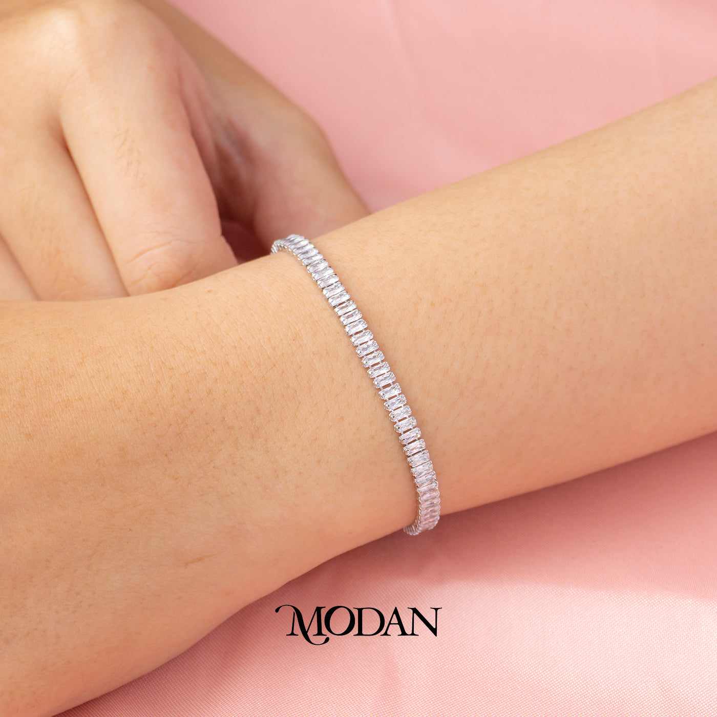 (17cm) Silver Clear Tennis Baguette Dainty Bracelet Gelang Hypoallergenic Gold Plated