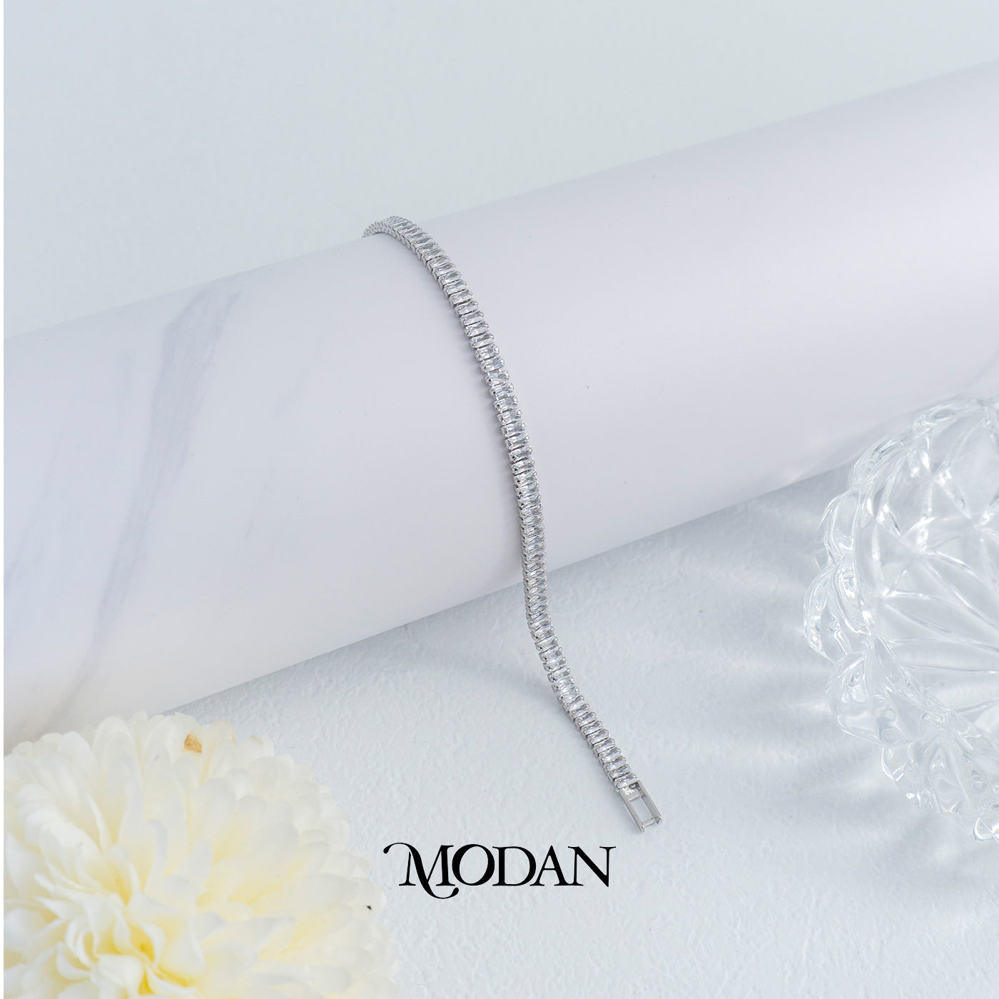 (17cm) Silver Clear Tennis Baguette Dainty Bracelet Gelang Hypoallergenic Gold Plated