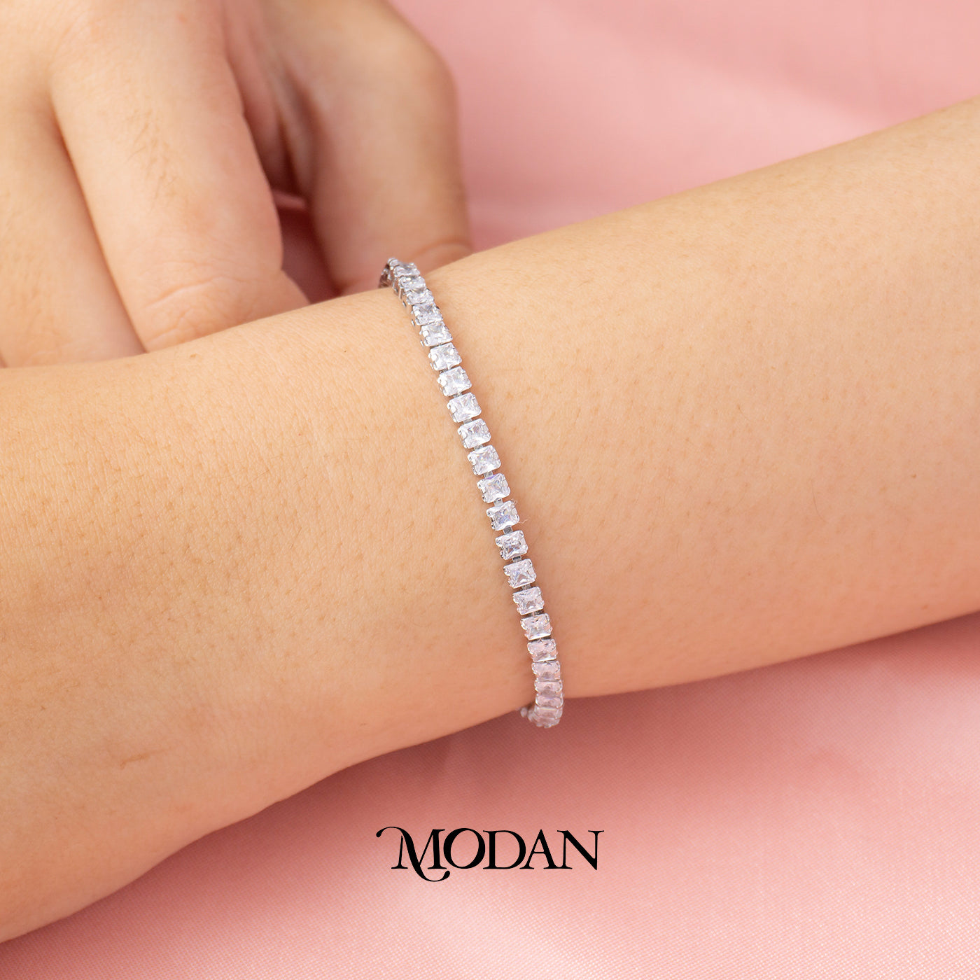 (18cm) Silver Clear Zirconia Square Tennis Dainty Bracelet Gelang Hypoallergenic Gold Plated