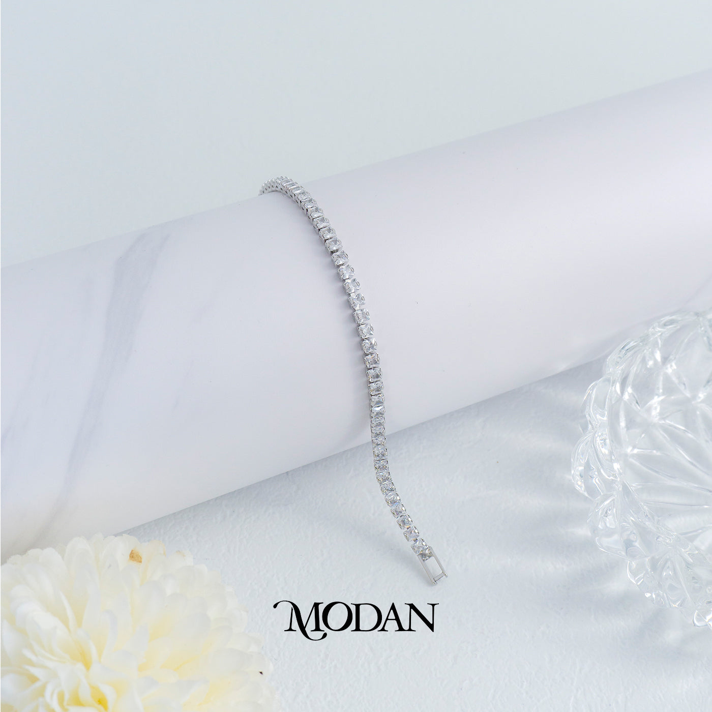 (18cm) Silver Clear Zirconia Square Tennis Dainty Bracelet Gelang Hypoallergenic Gold Plated