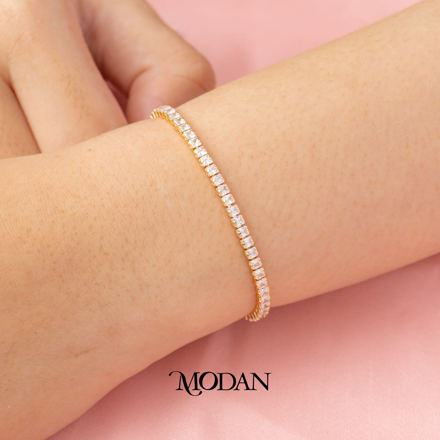 (17cm) Golden Clear Zirconia Square Tennis Dainty Bracelet Gelang Hypoallergenic Gold Plated