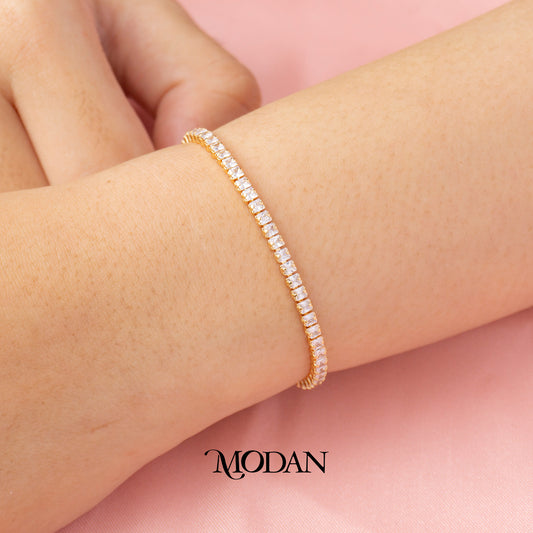 (17cm) Golden Clear Zirconia Square Tennis Dainty Bracelet Gelang Hypoallergenic Gold Plated