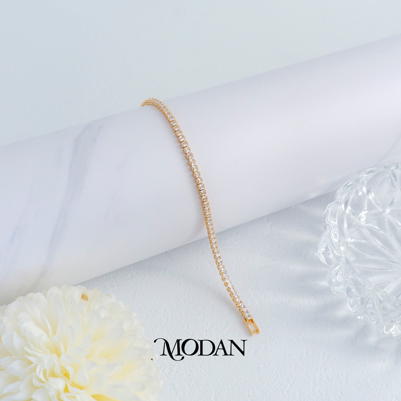 (17cm) Golden Clear Zirconia Square Tennis Dainty Bracelet Gelang Hypoallergenic Gold Plated