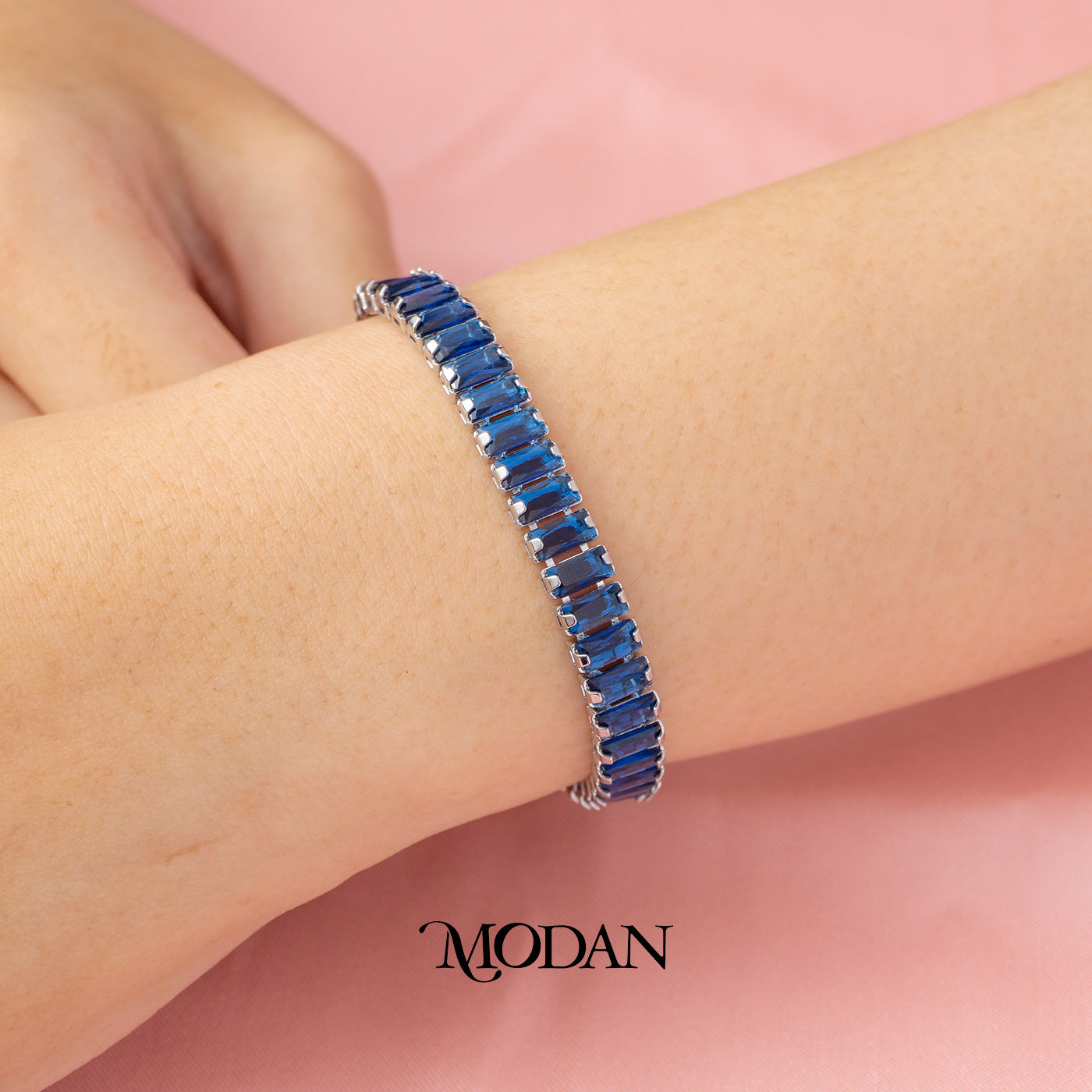 (17cm) Blue Sapphire Baguette Tennis Bracelet Gelang Fashion Hypoallergenic Gold Filled