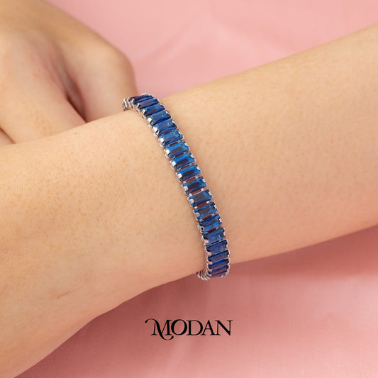 (17cm) Blue Sapphire Baguette Tennis Bracelet Gelang Fashion Hypoallergenic Gold Filled