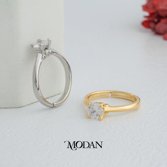 Classic Round Solitaire Engagement Adjustable Ring Cincin Klasik Solitaire Hypoallergenic Gold Plated