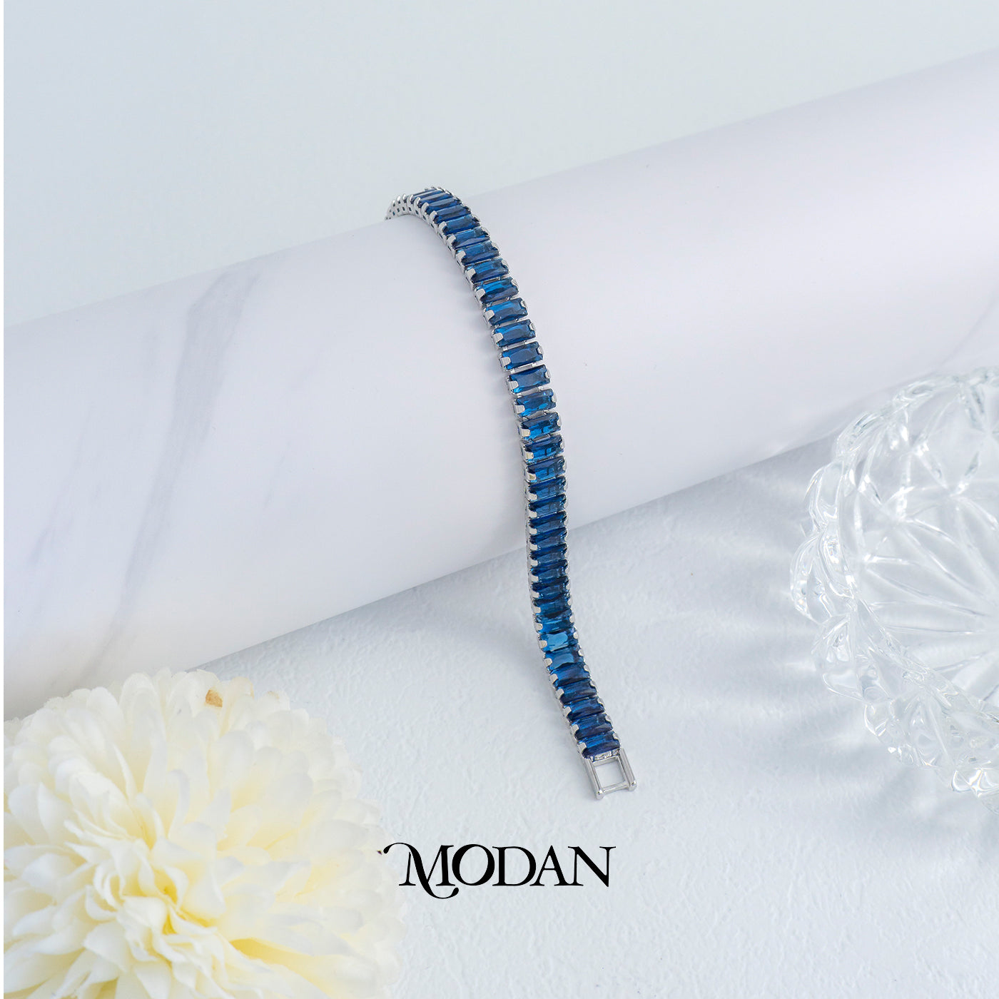 (17cm) Blue Sapphire Baguette Tennis Bracelet Gelang Fashion Hypoallergenic Gold Filled