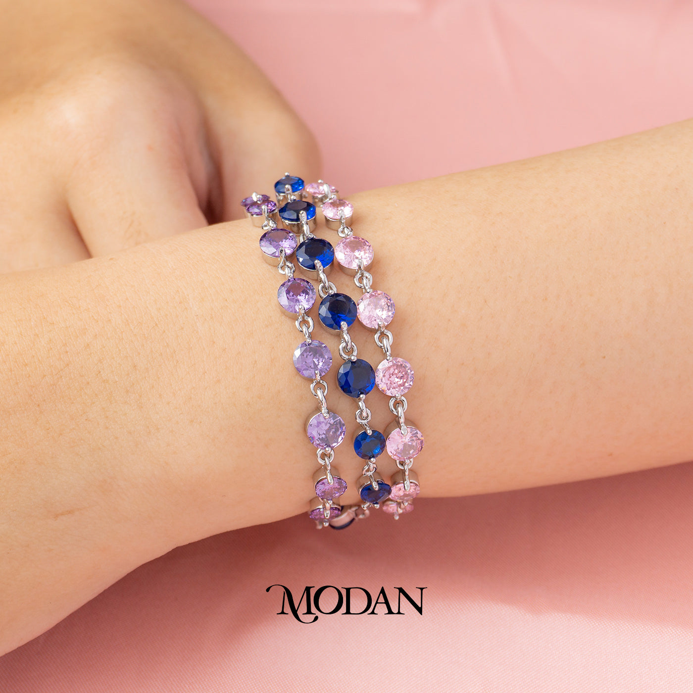 (18cm) Cocktail Blue Pink Purple Silver Link Bracelet Gelang Pesta Biru Ungu Merah Muda Hypoallergenic Gold Plated