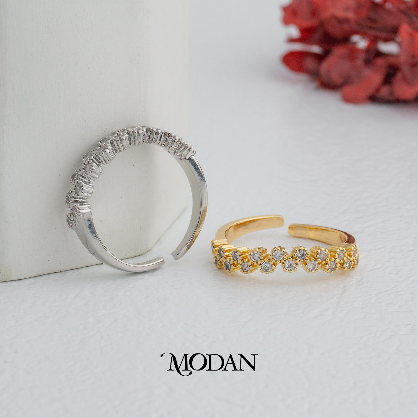Dainty Zigzag Wave Adjustable Ring Cincin Gelombang Ramping Permata Berderet Hypoallergenic Gold Plated