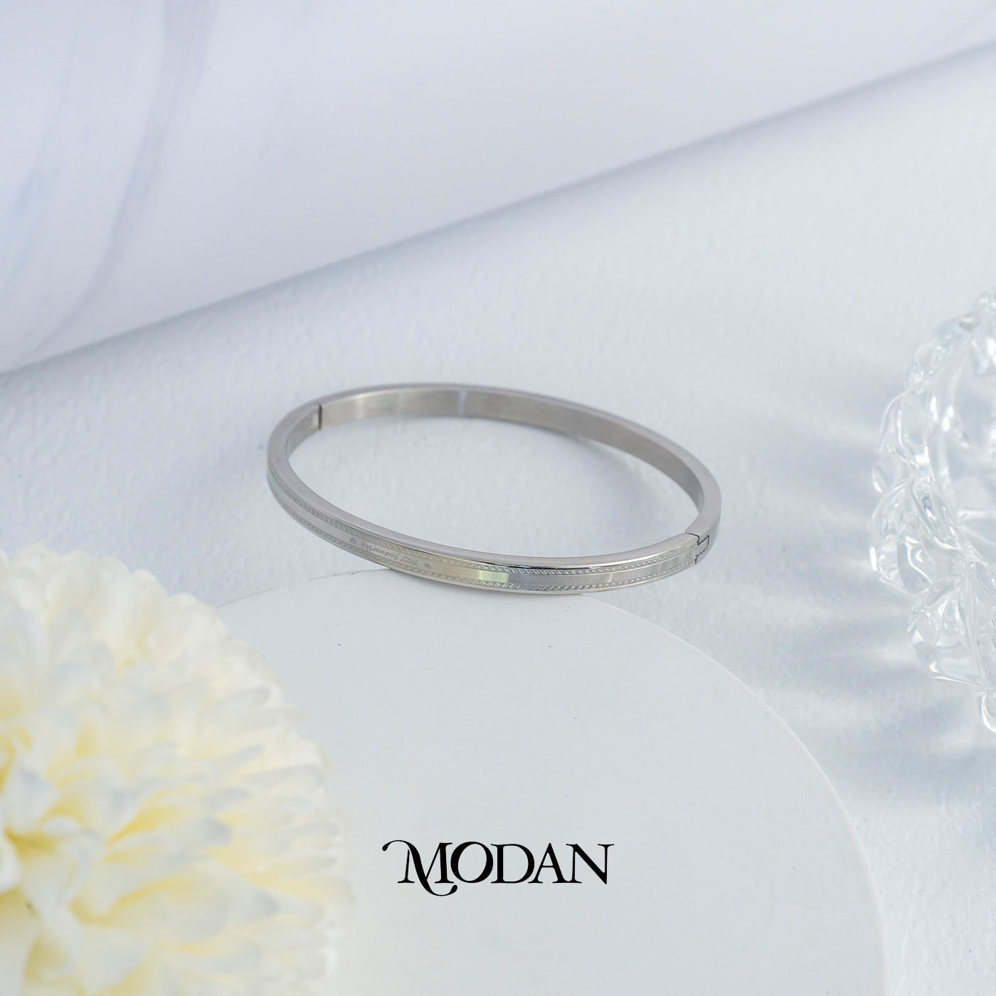 (5.5cm) Titanium Unisex Simple Silver Bangle Bracelet Gelang Kaku Hypoallergenic Stainless Steel