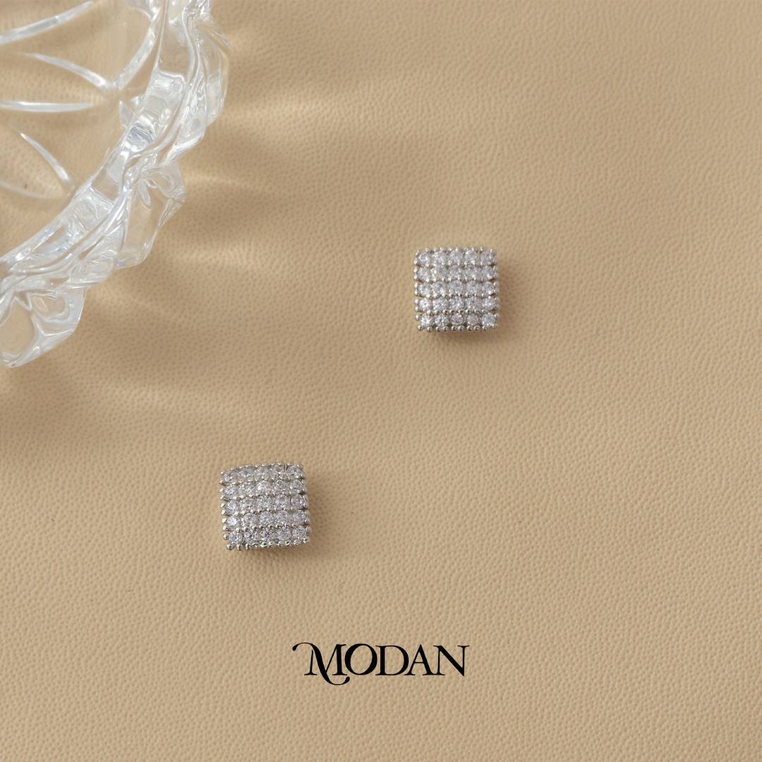 (9 mm) Sparkling Geometric Square Stud Earrings Anting Tusuk Pesta Hypoallergenic Gold Filled