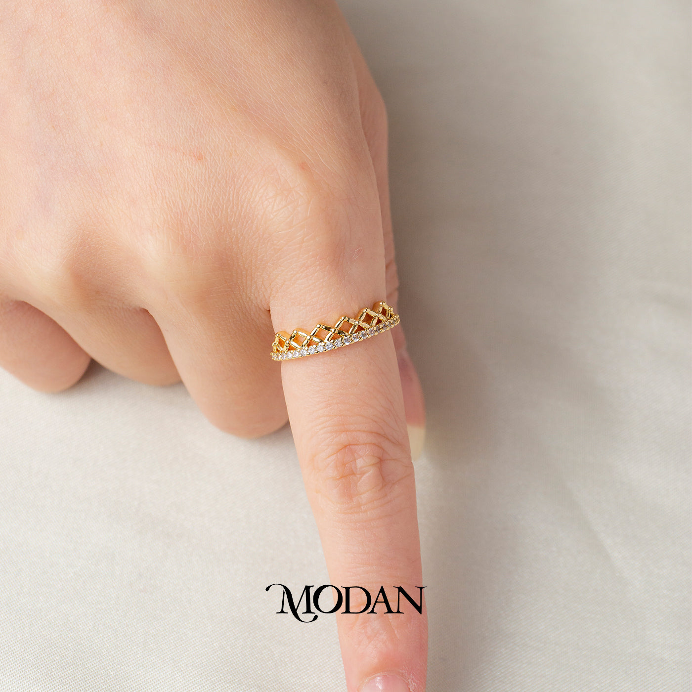 Slender Lattice Crown Open Ring Cincin Tiara Ramping Anyaman Belah Ketupat Hypoallergenic Gold Plated
