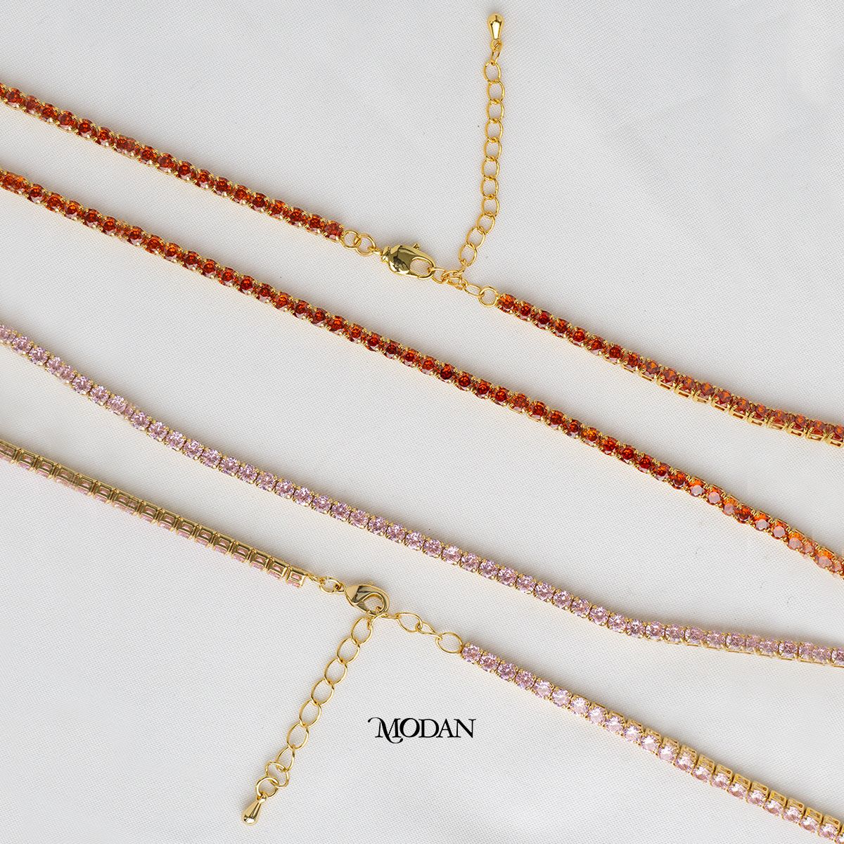 (43cm) Red Tosca Pink Peach Princess Cut Tennis Necklace Kalung Zirconia Hypoallergenic Gold Plated