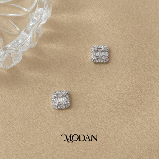 (9mm) Sparkling Micro Pave Baguette Square Stud Earrings Anting Tusuk Persegi Hypoallergenic Gold Plated