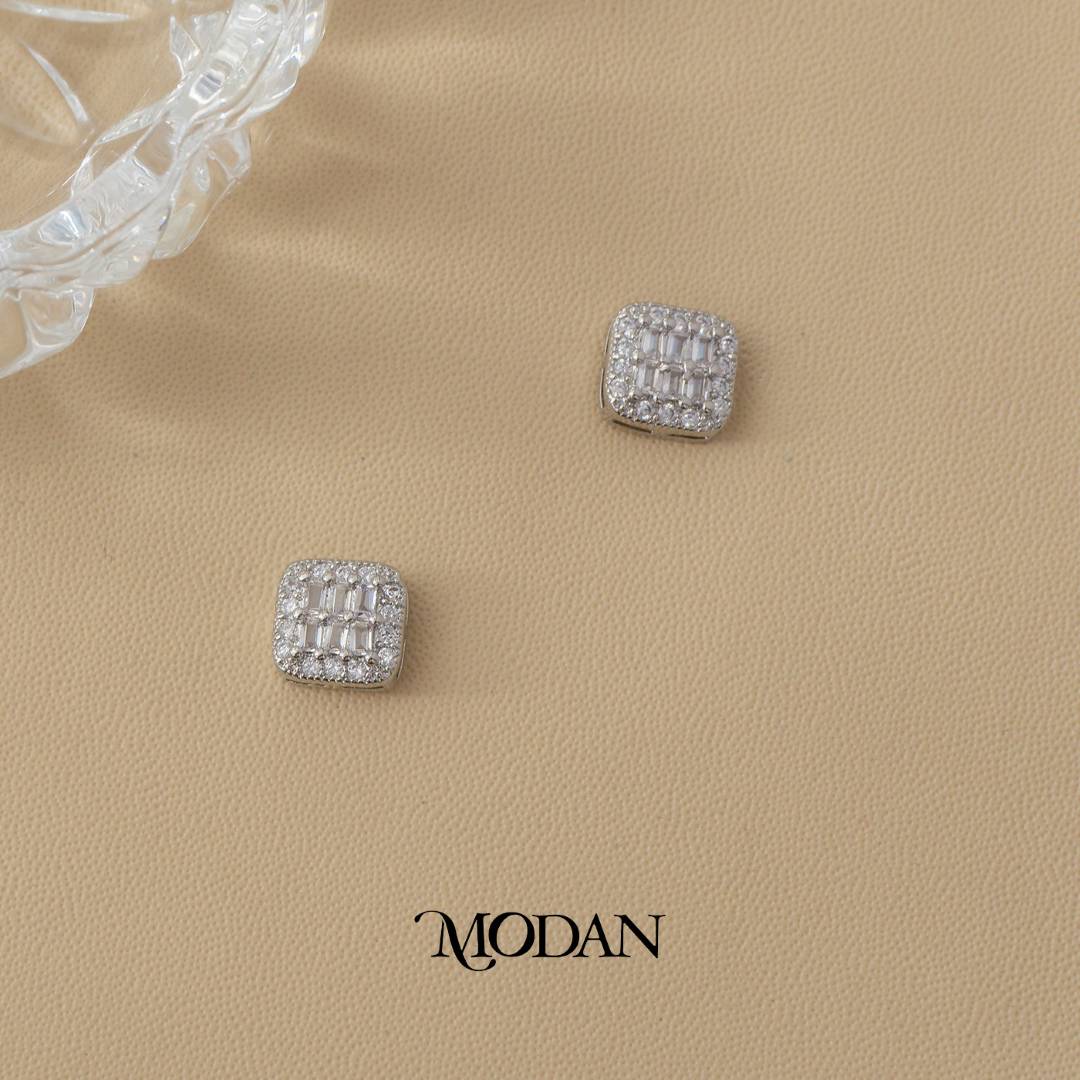 (9mm) Sparkling Baguette Cushion Square Stud Earrings Anting Tusuk Persegi Hypoallergenic Gold Plated