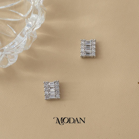 (10mm) Sparkling Baguette Rectangular Stud Earrings Anting Tusuk Pesta Hypoallergenic Gold Plated